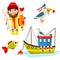 Set of happy fisherman character hold big fish, seagull, fish and boat