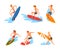 Set of happy guys in swimwear surfing in sea or ocean set. Surfers in beachwear riding surfboards cartoon vector