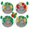 Set of Happy hippos with balloons, in birthday hat and flags in green, yellow, red colors