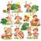 Set of Happy kids in bunny costume with ears hunting easter eggs, childrens play rabbits on spring holiday, decorative