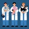 Set of happy male veterinarians with a variety of pets. Vector illustration of animal care. Flat style. Guys are