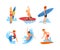 Set of happy people surfing in sea or ocean set. Surfers in beachwear riding surfboards cartoon vector illustration i