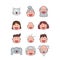 Set of happy smiling faces of one family. Grandparents, mother, father, children and pets. Vector.