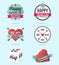 Set of Happy Valentines Day logo, labels, banner, icons with ornaments hearts, arrow and ribbon. Flat design.