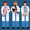 Set of happy vet girls with a variety of pets. Vector illustration of animal care. Flat style Female veterinarians