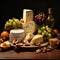 Set of hard cheeses with dried nuts, and fruits