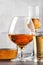 Set of hard strong alcoholic drinks and spirits in glasses in assortment: vodka, cognac, tequila, brandy and whiskey, grappa,