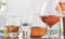 Set of hard strong alcoholic drinks and spirits in glasses in assortment: vodka, cognac, tequila, brandy and whiskey, grappa,