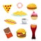 Set harmful foods. Chocolate and cola, hamburger and hot dog, french fries, and cake, coffee and pizza. Vector