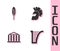 Set Harp, Feather pen, Parthenon and Greek helmet icon. Vector