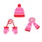 Set of hat, scarf, pink mittens with a pattern, winter. vector isolated on a white background