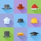 Set of hats flat icons with long shadow. Vector illustration.