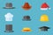 Set of hats isolated on blue background. Flat style vector illustration.