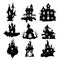 Set of haunted houses for Halloween. Collection of castles with monsters. Black house sieves. Vector illustration for