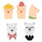 Set head polar and brown bears on white background. Cheerful character woman in hat and necklace, man with beanie, cabin boy and