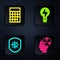 Set Head and radiation symbol, Calculator, Shield protecting from virus and Light bulb with lightning. Black square
