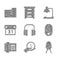 Set Headphones, Clock, Office chair, Computer mouse, Telephone, Calendar, Table lamp and Document folder icon. Vector