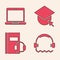 Set Headphones, Laptop, Graduation cap on globe and Audio book icon. Vector