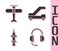 Set Headphones with microphone, Plane, Rocket and Passenger ladder for plane boarding icon. Vector