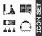 Set Headphones, Student working at laptop, Training, presentation and Online book icon. Vector