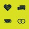 Set Healed broken heart, Wedding rings, Coffee cup and and Like icon. Vector