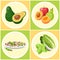 Set of healthy food, avocado icon, apple, pear, apricot, legumes and beans, chinese cabbage, basil