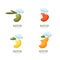 Set of healthy food logo, emblem, label design. Olive, apple, lemon, pear in chef hat, isolated on white.