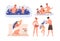Set of healthy people during body hardening procedures. Adults and children pouring cold water over head, swimming in