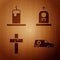 Set Hearse car, Burning candle, Christian cross and Grave with tombstone on wooden background. Vector