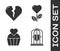 Set Heart in the bird cage, Broken heart or divorce, Wedding cake with heart and Heart shape in a flower icon. Vector