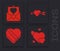 Set Heart, Envelope with Valentine heart, Amour with heart and arrow and Candy in heart shaped box icon. Vector