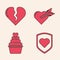 Set Heart with shield, Broken heart or divorce, Amour with heart and arrow and Wedding cake with heart icon. Vector