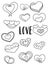 Set of hearts black and white stickers. Valentine`s day elements. Kids game coloring page.