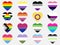 Set of hearts with LGBT flags. Sexual identity flags set. Festival of sexual minorities, gays and lesbians, transgender people.