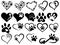 Set of hearts with the paws of dogs and cats. Collection of black and white logos with footprints of pets. Vector