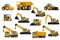 Set of heavy machinery 3d, truck, soil compactor, backhoe, excavator, forklift, front loader, crane, hammer, for construction and