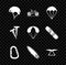 Set Helmet, Bicycle, Parachute, Carabiner, Surfboard, Hang glider, Pegs for tents and icon. Vector