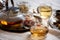 Set of herbal tea with roses in a glass bowl