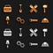 Set Hexagonal metal nut, Wooden axe, Worker safety helmet, Hand saw, Trowel, Crossed ruler, Toolbox and Shovel icon