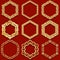 Set of hexagonal shapes frames in Oriental style. Intertwined Chinese elements are gold on a red background