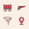 Set Hexagram sheriff, Wild west covered wagon, Revolver gun and Lasso icon. Vector