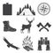 Set of Hiking and Camping icons isolated on the white background. Vector. Set include compass, condor, boots, axe, deer