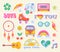 Set of hippie retro vintage icons in 70s-80s style on pastel yellow background