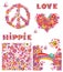 Set for hippie wallpaper with funny butterflies, colorful flowers and mushrooms, peace flowers symbol, heart shape