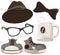 Set hipster accessories - hat, glasses, tie, mug of coffee, shoes