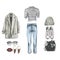 Set of hipster designer clothes, shoes and bag for woman. Casual outfit watercolor illustration. street style look.