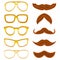 Set of hipster nerd glasses and stylish mustaches isolated on white