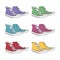 Set of hipster sneakers with purple, green, blue, pink, red and yellow color. Vector