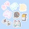 Set of hobby different element stickers, pins, patches and handwritten collection in cartoon style. Funny greetings for clothes,