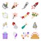 Set of holidays related icons. Includes icons of festive paraphernalia, fireworks and gifts. Linear execution. Multi
